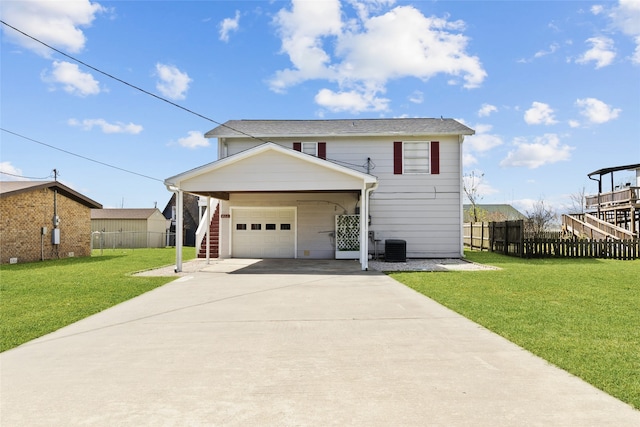 view of front of property featuring stairway, fence, central AC, a front lawn, and concrete driveway