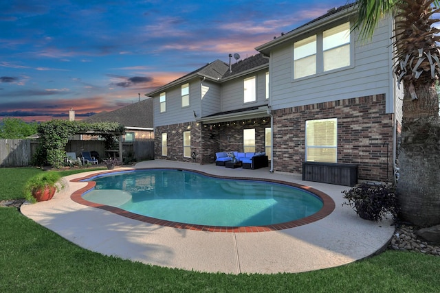 view of swimming pool with a patio, a fenced backyard, an outdoor living space, and a fenced in pool
