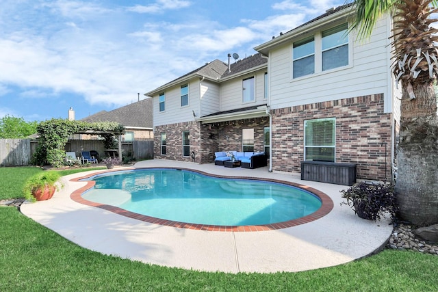 view of swimming pool featuring an outdoor hangout area, a fenced in pool, a fenced backyard, and a patio