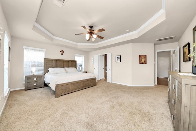 carpeted bedroom with visible vents, baseboards, and a tray ceiling