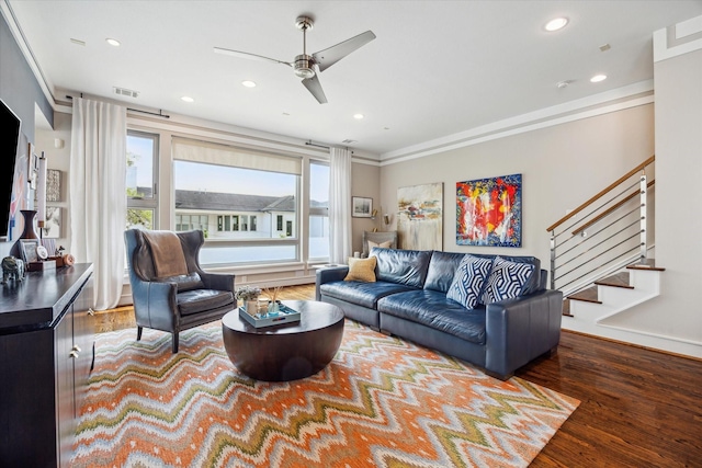 1946 Vermont St, Houston, TX 77019 - living area featuring recessed lighting, wood finished floors, a ceiling fan, stairway, and crown molding