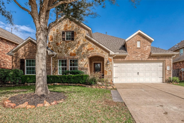view of front of property featuring a front lawn, a shingled roof, stone siding, concrete driveway, and an attached garage