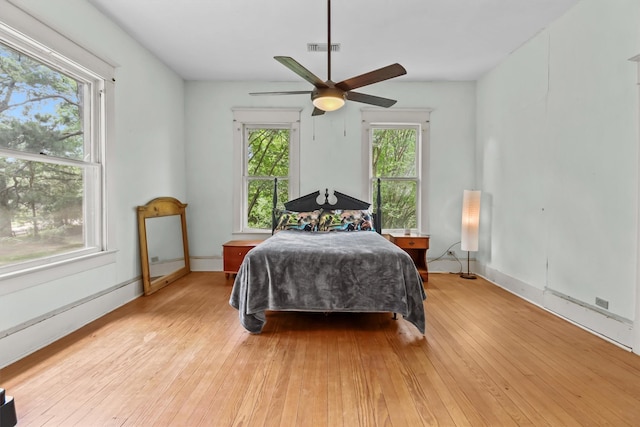 bedroom with visible vents, a ceiling fan, and light wood-style floors