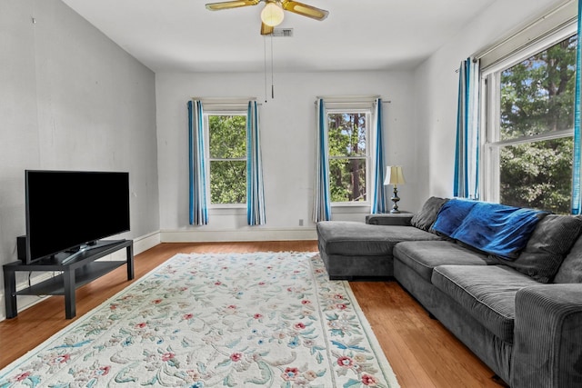 living room with a ceiling fan, visible vents, and wood finished floors