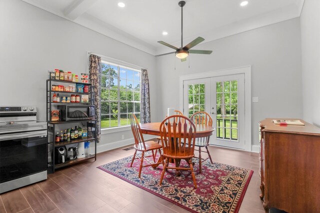 dining room with baseboards, recessed lighting, ceiling fan, and dark wood-type flooring