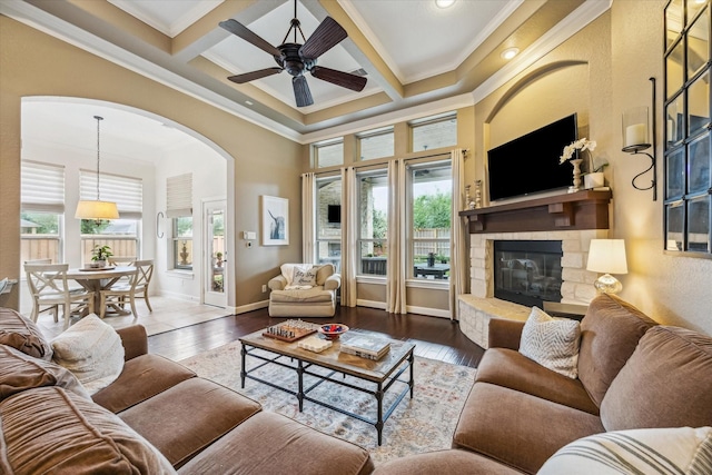 living area featuring a stone fireplace, ceiling fan, a wealth of natural light, and hardwood / wood-style floors