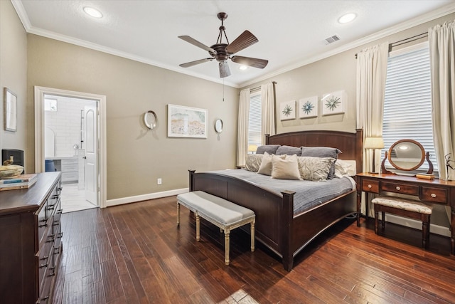 bedroom with crown molding, baseboards, visible vents, and dark wood-type flooring
