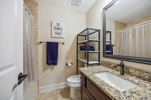 bathroom with a shower with curtain, visible vents, tile patterned flooring, vanity, and toilet