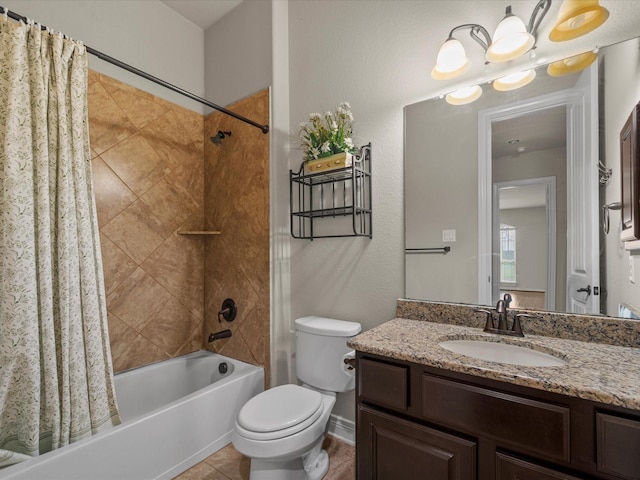 bathroom featuring vanity, shower / tub combo, tile patterned flooring, and toilet