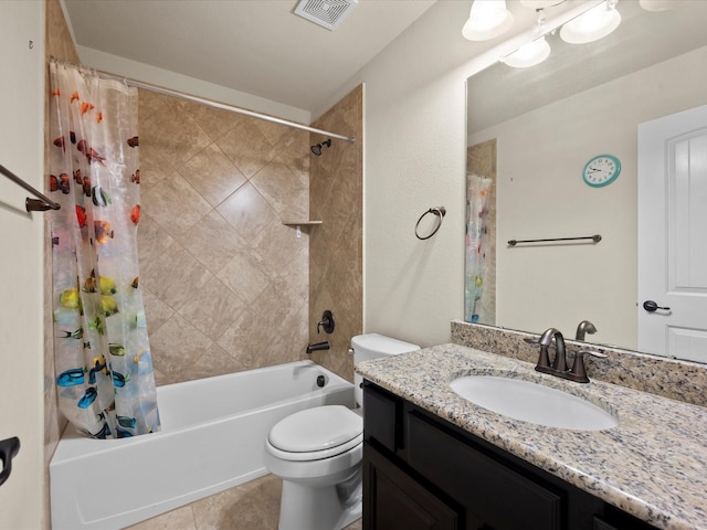 bathroom with visible vents, vanity, tile patterned floors, toilet, and shower / bathtub combination with curtain