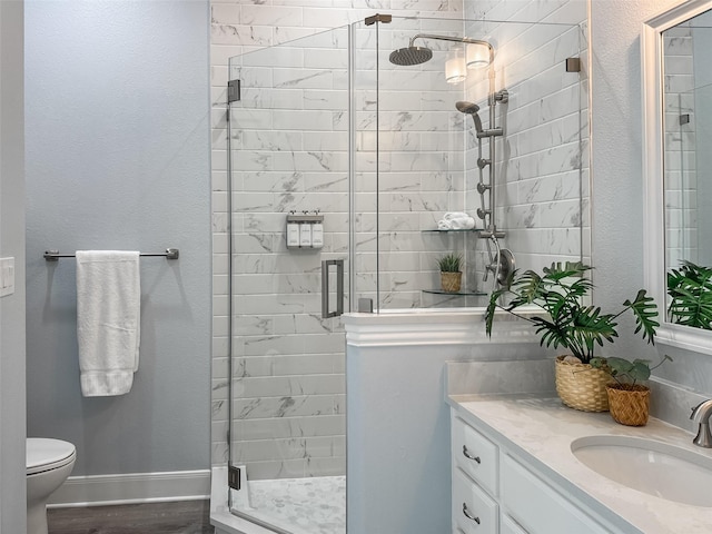 full bathroom with a stall shower, toilet, and vanity