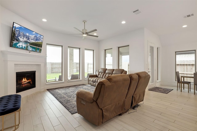 20514 Yearling Pasture Ln, Tomball, TX 77377 - living area featuring a ceiling fan, healthy amount of natural light, light wood-style flooring, and recessed lighting