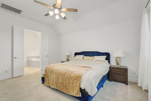 20514 Yearling Pasture Ln, Tomball, TX 77377 - bedroom featuring carpet floors, lofted ceiling, ensuite bathroom, and a ceiling fan
