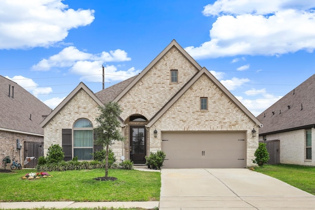 french country home featuring driveway, a front lawn, and brick siding