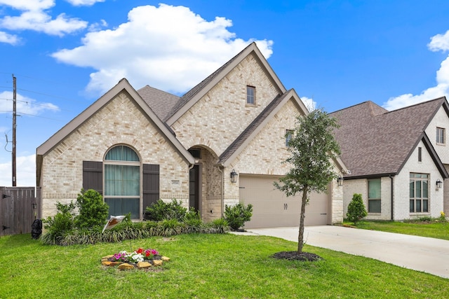 french provincial home featuring brick siding, fence, a front yard, and concrete driveway