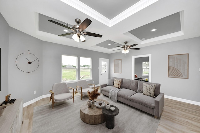 3527 Brook Valley Dr, Brookshire, TX 77423 - living area featuring light wood-style flooring, coffered ceiling, ceiling fan, baseboards, and recessed lighting