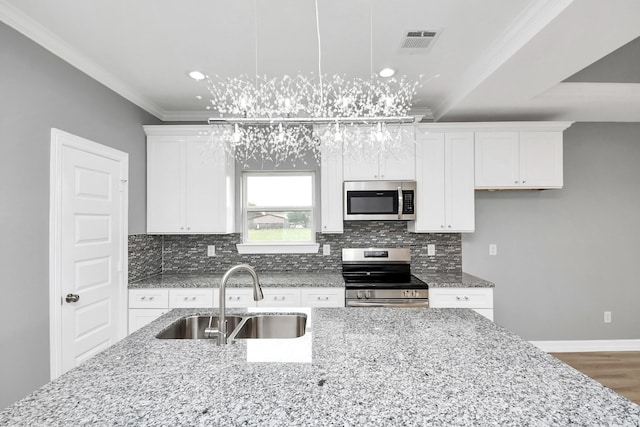 3527 Brook Valley Dr, Brookshire, TX 77423 - kitchen featuring stainless steel appliances, a sink, crown molding, backsplash, and white cabinets