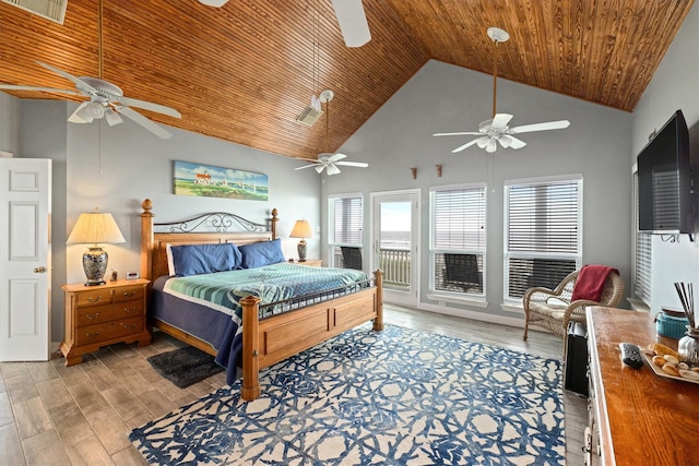 19427 Shores Dr, Galveston, TX 77554 - bedroom featuring high vaulted ceiling, access to exterior, a ceiling fan, and light wood finished floors