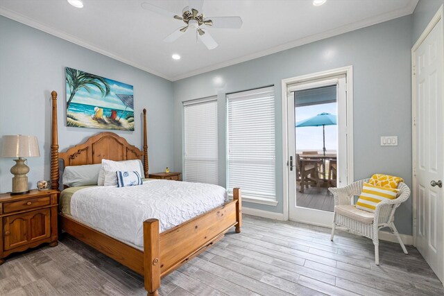 19427 Shores Dr, Galveston, TX 77554 - bedroom featuring crown molding, light wood finished floors, access to exterior, and baseboards