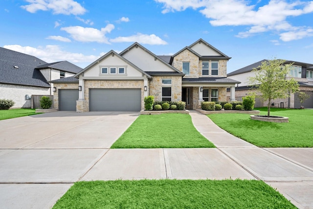 5003 Tanyard Manor Dr, Sugar Land, TX 77479 - craftsman inspired home with concrete driveway, stone siding, stucco siding, a front lawn, and a garage