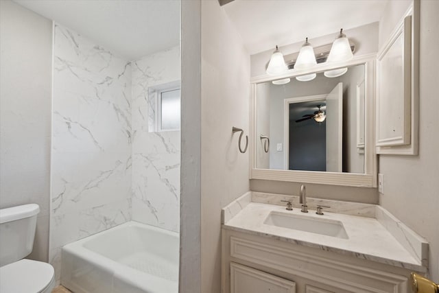 3206 Crossfell Rd, Spring, TX 77388 - bathroom featuring toilet, vanity, ceiling fan, and shower / bathtub combination