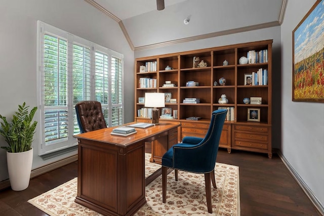 46 Chestnut Meadow Dr, Conroe, TX 77384 - office area featuring ornamental molding, lofted ceiling, dark wood-style flooring, a ceiling fan, and baseboards