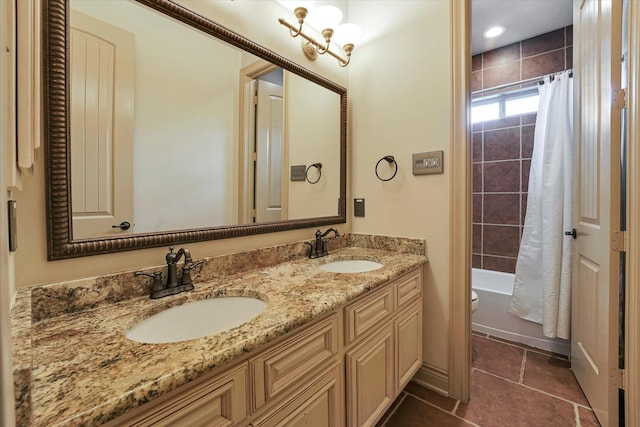 46 Chestnut Meadow Dr, Conroe, TX 77384 - bathroom with double vanity, shower / bathtub combination with curtain, toilet, and tile patterned floors