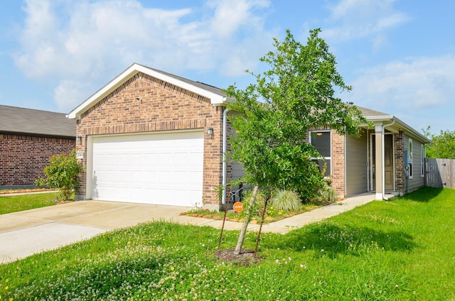 single story home with a garage, brick siding, a front yard, and concrete driveway