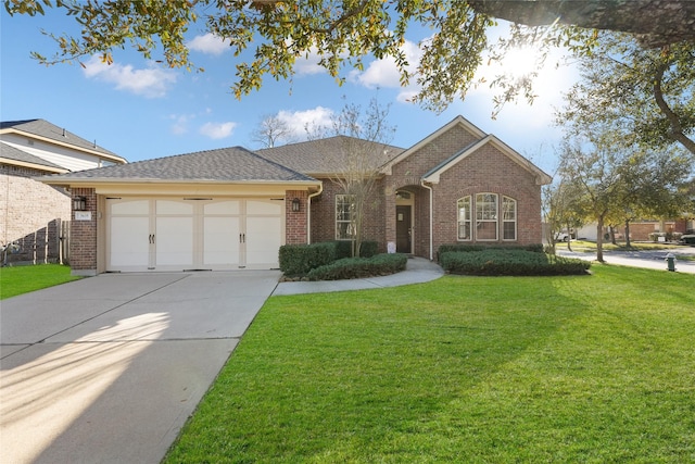 3635 Sunlight Hill Ln, Spring, TX 77386 - ranch-style home with driveway, a front lawn, an attached garage, and brick siding