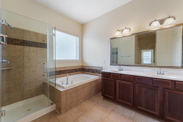 3635 Sunlight Hill Ln, Spring, TX 77386 - full bath with a garden tub, a stall shower, a sink, and tile patterned floors