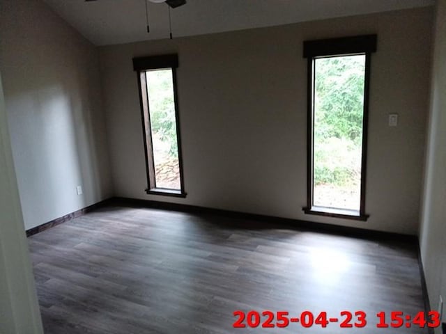 spare room with a wealth of natural light, wood finished floors, and a ceiling fan