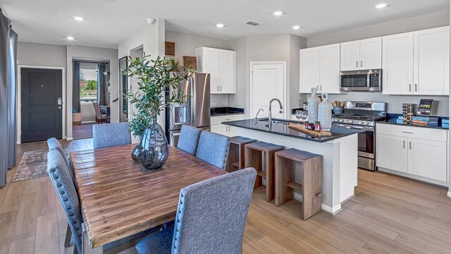 kitchen with a sink, appliances with stainless steel finishes, dark countertops, visible vents, and a kitchen island with sink