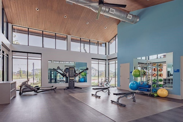 gym with wood ceiling, a wealth of natural light, visible vents, and a high ceiling