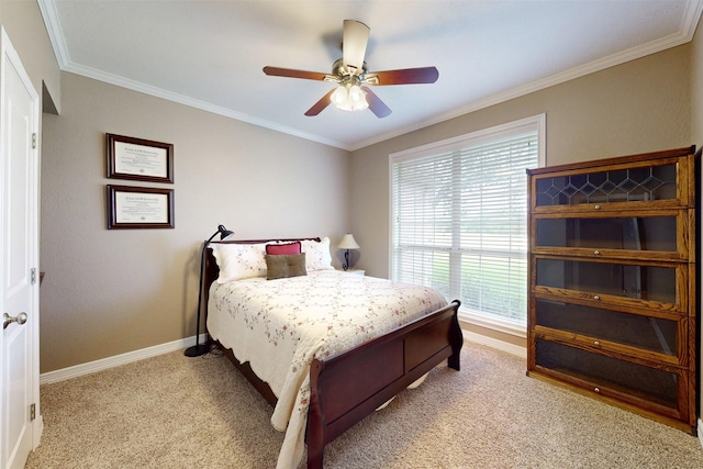 13671 Suzanne Pl, College Station, TX 77845 - bedroom featuring crown molding, a ceiling fan, light carpet, and baseboards