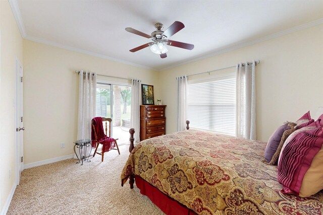 13671 Suzanne Pl, College Station, TX 77845 - carpeted bedroom with ornamental molding, ceiling fan, and baseboards