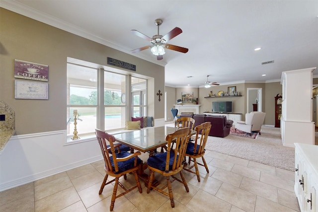 13671 Suzanne Pl, College Station, TX 77845 - dining room with recessed lighting, light tile patterned floors, crown molding, a ceiling fan, and visible vents