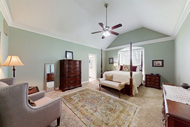 13671 Suzanne Pl, College Station, TX 77845 - bedroom featuring lofted ceiling, ceiling fan, light carpet, ensuite bathroom, and crown molding