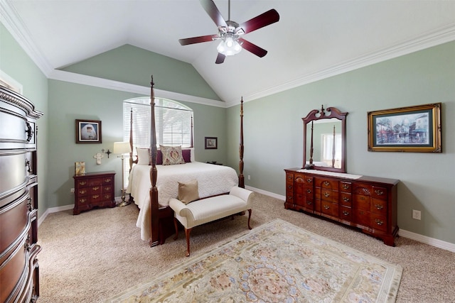 13671 Suzanne Pl, College Station, TX 77845 - bedroom featuring a ceiling fan, vaulted ceiling, light colored carpet, and baseboards