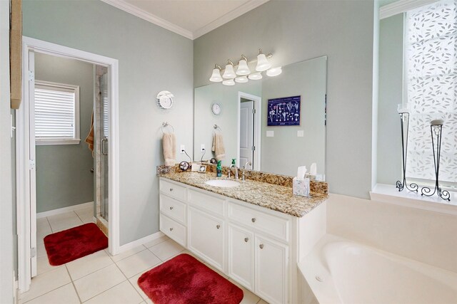 13671 Suzanne Pl, College Station, TX 77845 - bathroom featuring tile patterned flooring, ornamental molding, a bath, vanity, and a stall shower