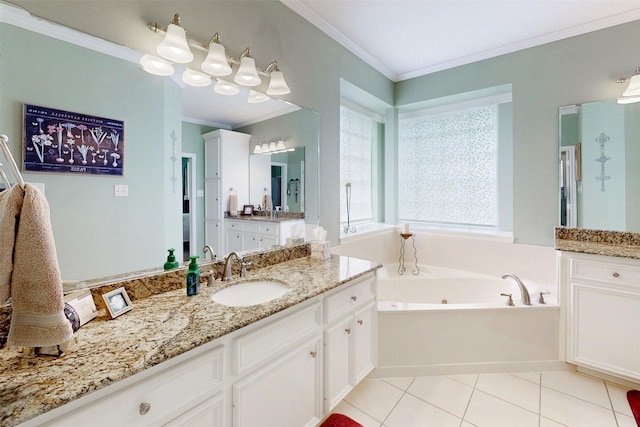 13671 Suzanne Pl, College Station, TX 77845 - full bathroom with a sink, two vanities, ornamental molding, a jetted tub, and tile patterned floors