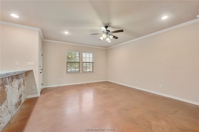 unfurnished living room with crown molding, recessed lighting, ceiling fan, and finished concrete flooring