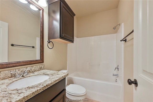 full bath with shower / bathing tub combination, vanity, and toilet