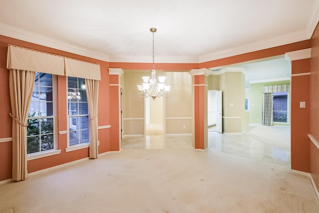 13727 Aspen Cove Dr, Houston, TX 77077 - carpeted empty room featuring a chandelier, crown molding, ornate columns, and baseboards