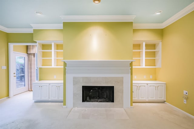 13727 Aspen Cove Dr, Houston, TX 77077 - unfurnished living room featuring ornamental molding, light carpet, a tile fireplace, and baseboards