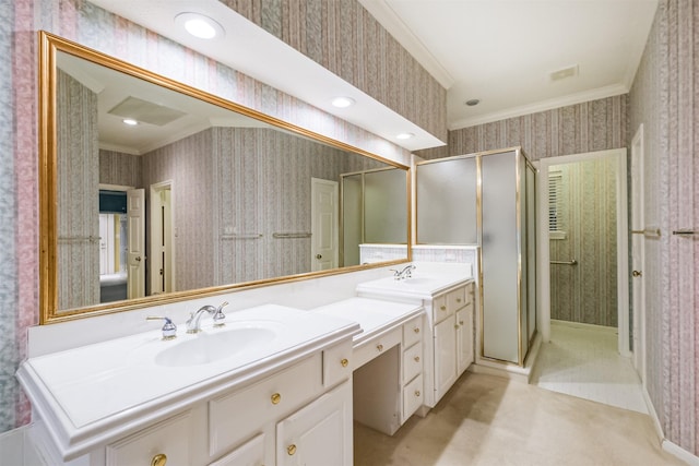 13727 Aspen Cove Dr, Houston, TX 77077 - full bath with wallpapered walls, ornamental molding, double vanity, a stall shower, and recessed lighting