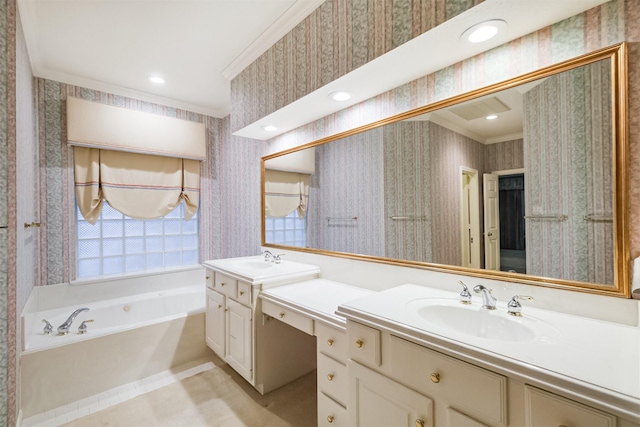 13727 Aspen Cove Dr, Houston, TX 77077 - bathroom featuring crown molding, wallpapered walls, a bath, vanity, and recessed lighting
