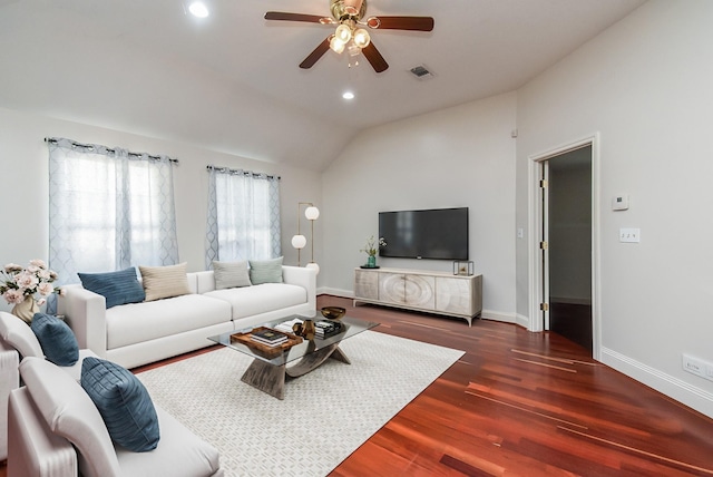 living room with recessed lighting, lofted ceiling, a ceiling fan, visible vents, and wood finished floors