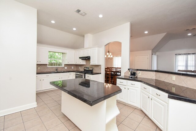 1802 Terry St, Houston, TX 77009 - kitchen with gas range, lofted ceiling, under cabinet range hood, light tile patterned flooring, and tasteful backsplash