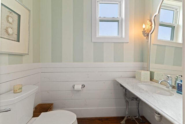 half bath featuring a wealth of natural light, wood finished floors, toilet, and a sink