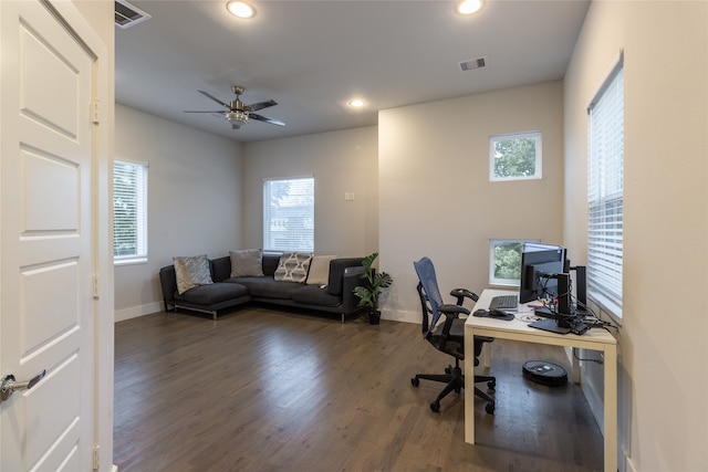 office area featuring visible vents, wood finished floors, and plenty of natural light